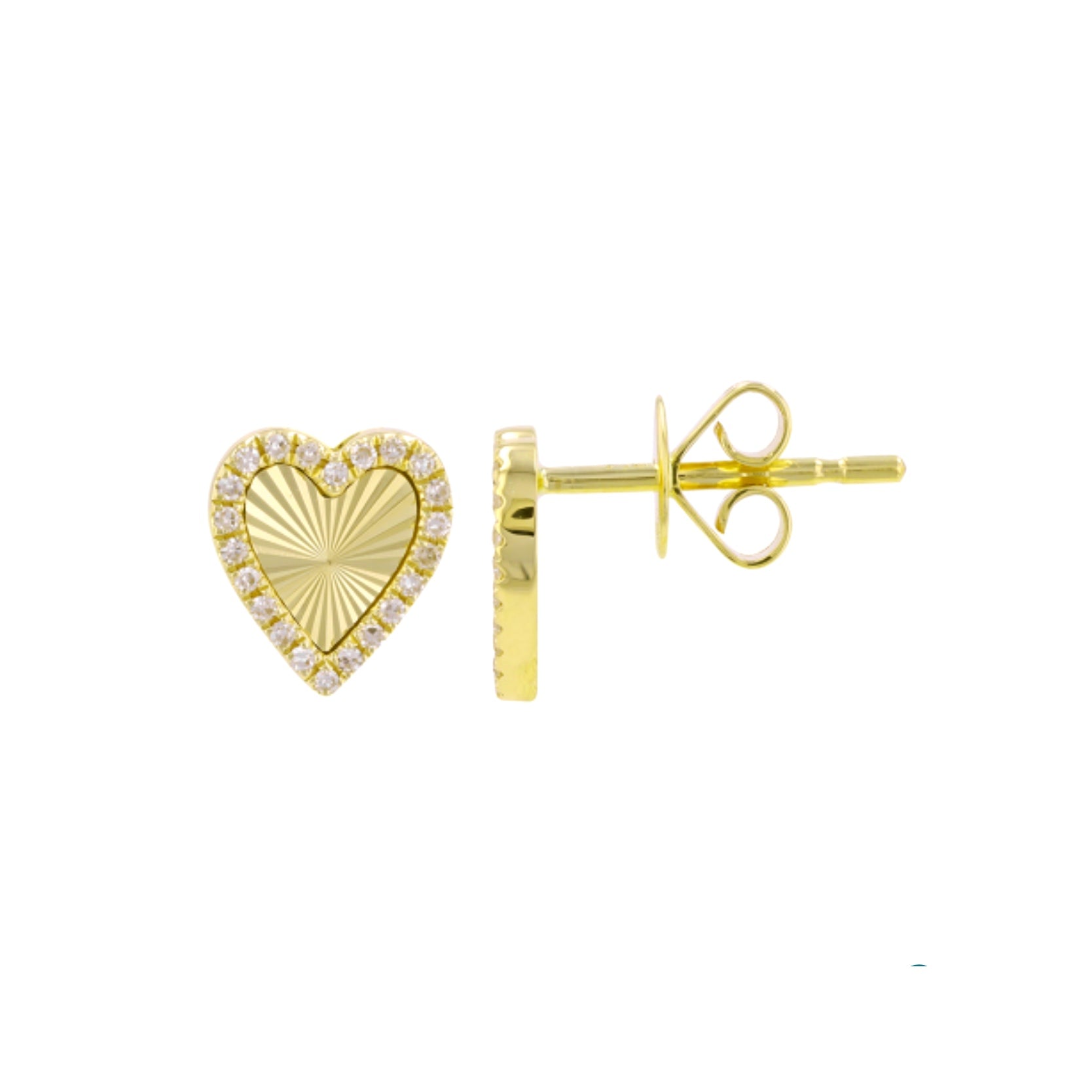14K Yellow Gold Lines. Fluted Heart Diamond Stud Earrings